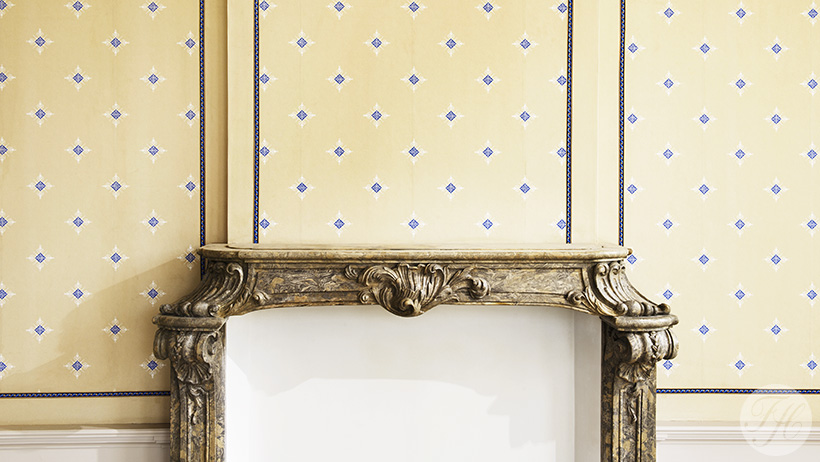 Gereproduceerd behang aangebracht in de grote Blauwe Sterrenzaal naar de situatie van 1870 ledenlokalen Artis Amsterdam