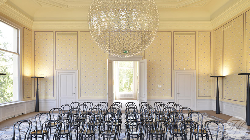 Gereproduceerd behang aangebracht in de grote Blauwe Sterrenzaal naar de situatie van 1870 ledenlokalen Artis Amsterdam