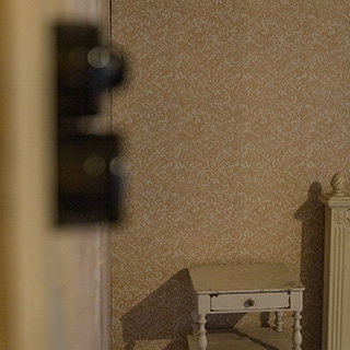 reproductie behang met klassieke uitstraling op authentiek betengelde ondergrond in kamer Kasteel Keukenhof Lisse