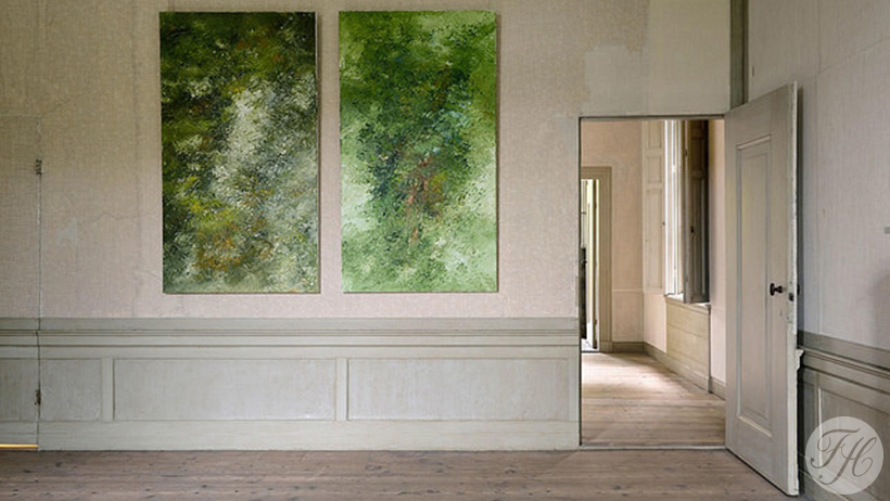 Authentieke betengeling van gespannen linnen beplakt met grondpapier aangebracht op wanden in Museum MOA